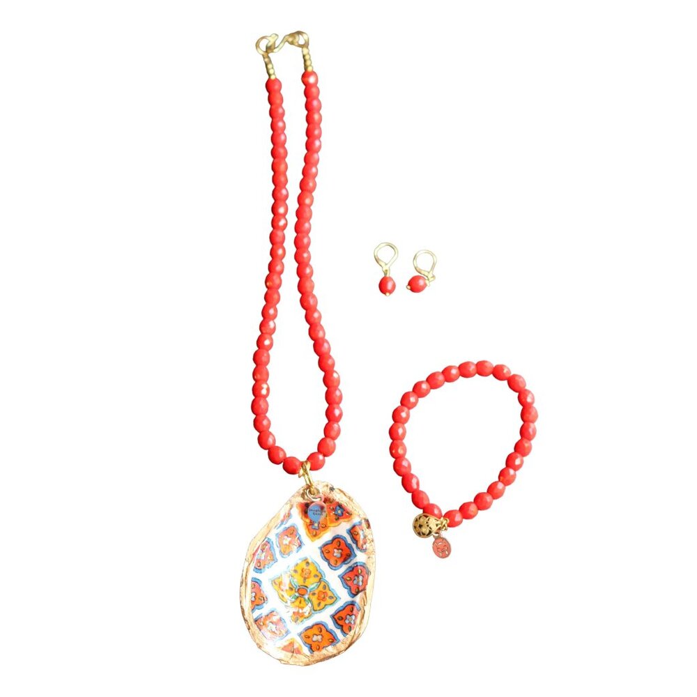 Hand-made Oyster Shell Red Talaveras Necklace set